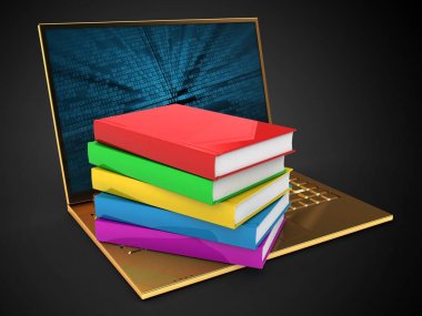 3D altın bilgisayar ile ikili veri perde ve kitaplar siyah arka plan üzerinde gösterimi