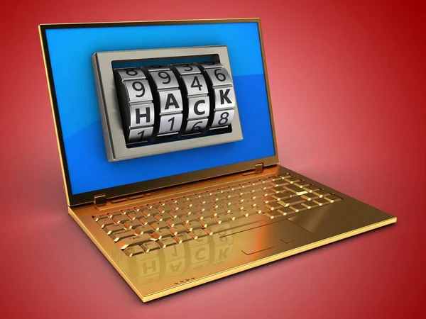 Ilustração 3d de computador dourado sobre fundo vermelho com tela de reflexão azul e bloqueio de hacker — Fotografia de Stock