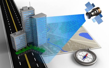 Şehir binaları ile harita ve pusula