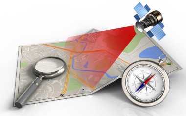 büyütme cam ile harita ve pusula