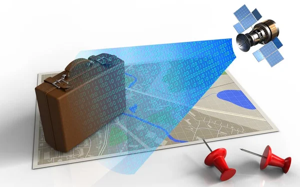 Mapa con equipaje y señal satelital — Foto de Stock
