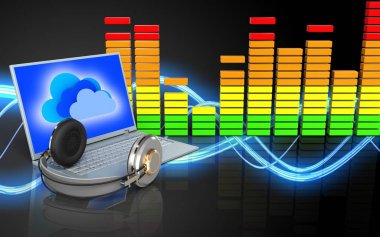  laptop ve kulaklık üzerinden ses dalgası 