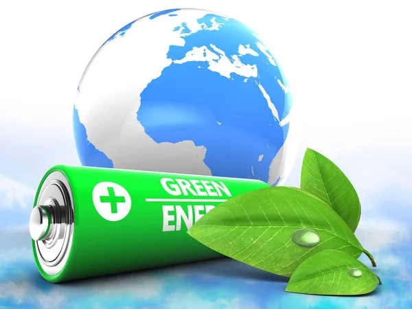 电池在与地球和绿色叶云背景三维图 — 图库照片
