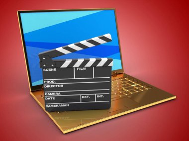 mavi ekran ve film bel soğukluğu ile kırmızı zemin üzerine altın bilgisayar 3D çizimi