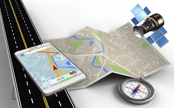 Harita kağıt ile mobil navigasyon — Stok fotoğraf
