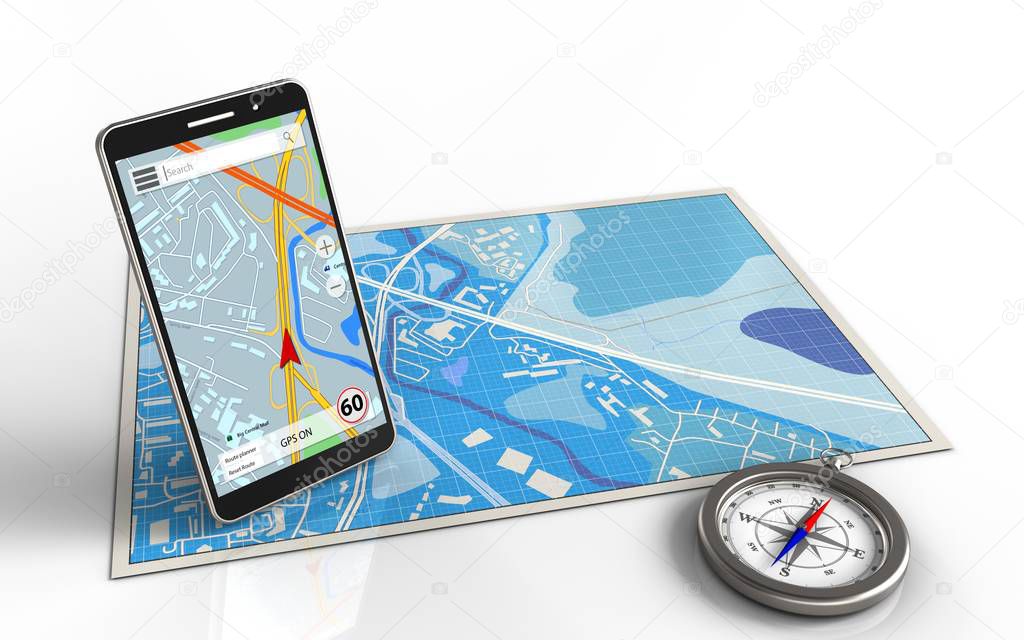  blue map with mobile phone navigation