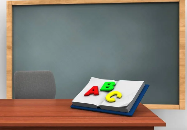 Schoolbord met geopende leerboek — Stockfoto