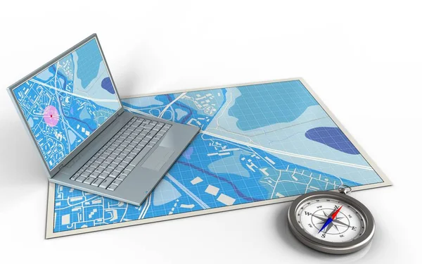 コンピューターとブルーの地図 — ストック写真