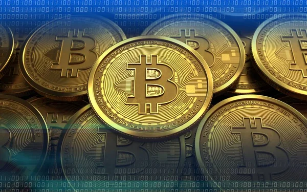 Bitcoin über Coins stapelt Hintergrund — Stockfoto