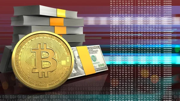 3D-Illustration von Geldstapel über rotem Cyber-Hintergrund mit Bitcoin — Stockbild Illustration des Geldstapels — Stockfoto