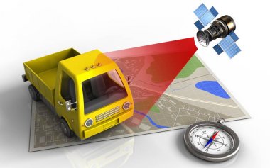 sarı kamyon ve uydu haritası