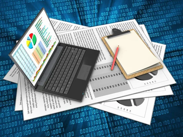 Ilustração de documentos e computador pessoal — Fotografia de Stock