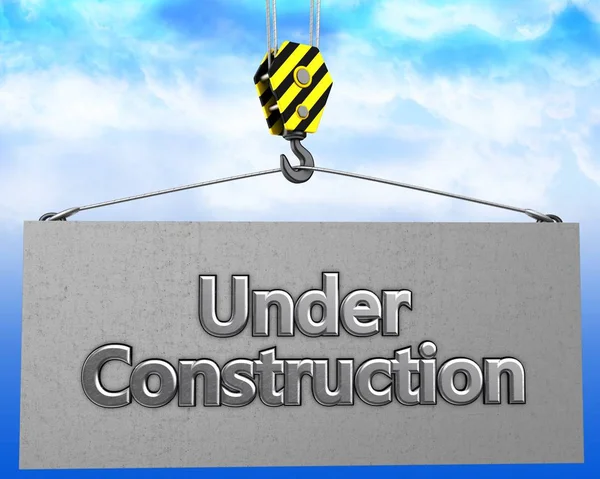 Crane hook with under construction sign — Stock Photo, Image