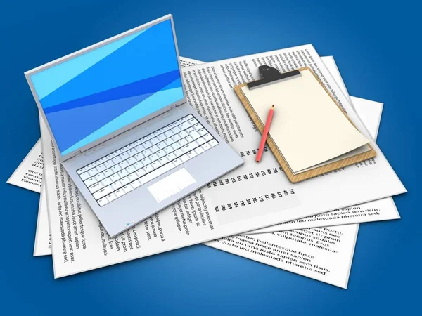 Ilustracja z dokumentami i biały laptop — Zdjęcie stockowe