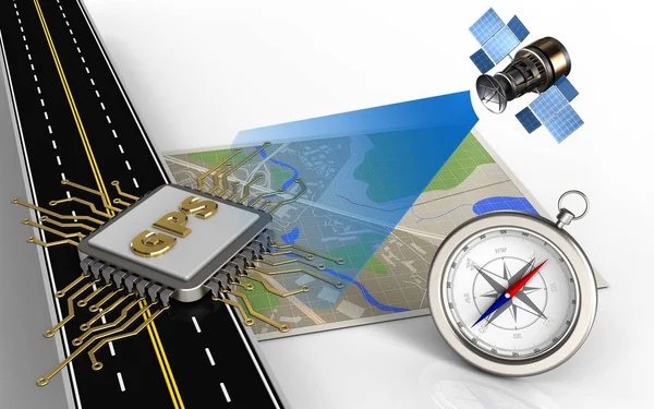 Map with gps chip and compass — Stock Photo, Image