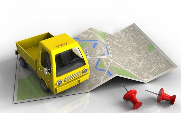 Map paper with yellow truck — Stock Photo, Image