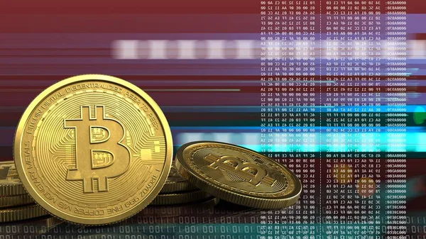 Abbildung von Bitcoins über rotem Cyber-Hintergrund — Stockfoto