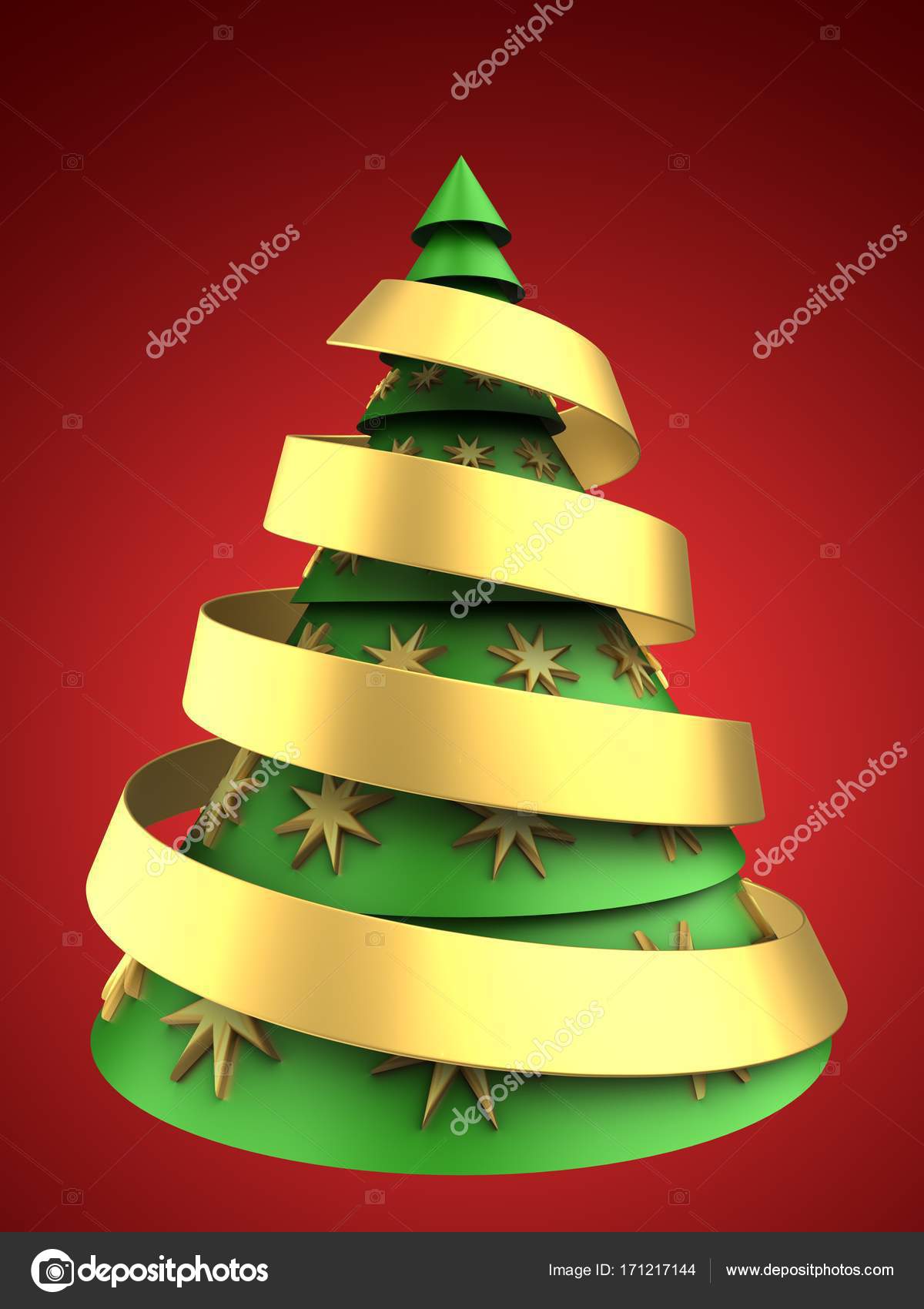 3D Illustration Of Christmas Tree Over Red Background With Ribbon 3D Illustration Of Christmas Tree Over Red Background With Ribbon