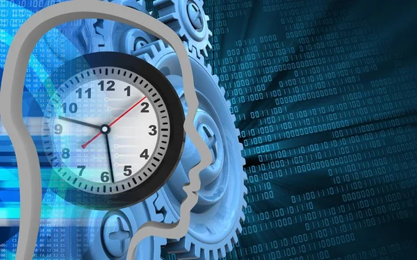 Clock over binary background with blue gears — Stock Photo, Image