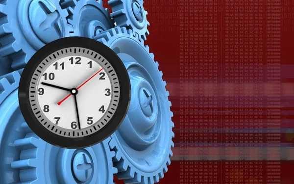 Clock over red background with blue gears — Stock Photo, Image