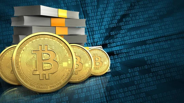 3D-Illustration des Geldstapels über binären Hintergrund mit Bitcoin-Reihe — Stockbild Illustration des Geldstapels — Stockfoto