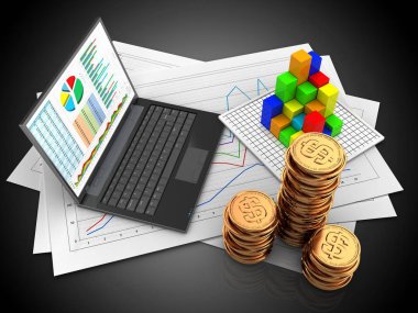 Diyagram kağıtları ve kişisel bilgisayar grafik ile siyah arka plan üzerinde 3D çizimi