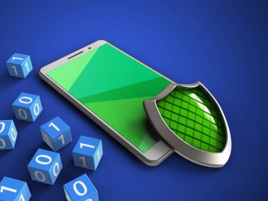 ikili küpleri ve kalkan ile mavi arka plan üzerinde beyaz telefon 3D çizimi