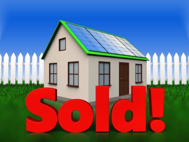 ev çim ve çit arka plan üzerinde satılan işareti ile güneş paneli ile 3D çizimi