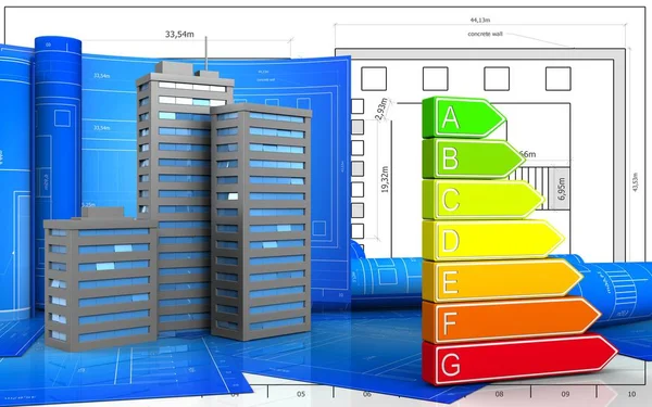 Illustration Stadens Byggnader Med Drawing Rulla Över Blueprint Bakgrund — Stockfoto