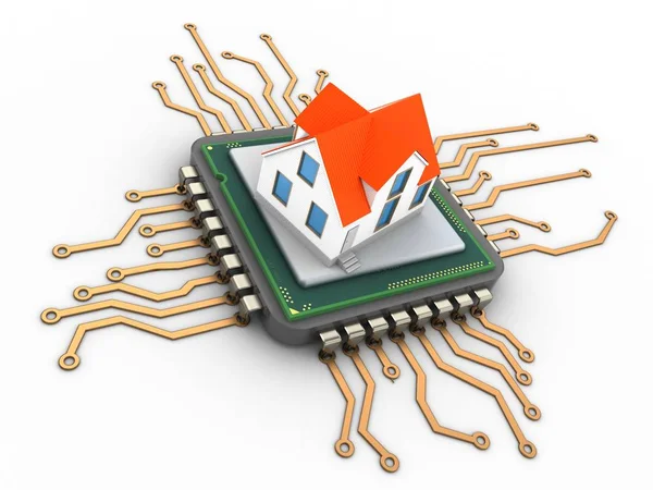 İşlemci ev beyaz arka plan üzerinde 3D çizimi 