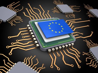 Bilgisayar çipleri AB bayrağı ile siyah arka plan üzerinde 3D çizimi 