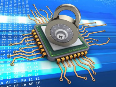 mikroçip ile çelik kilit kodunu arka plan üzerinde 3D çizimi 