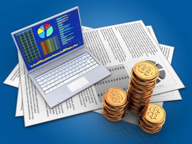 belgeler ve pc üzerinde mavi arka plan 3D çizimi