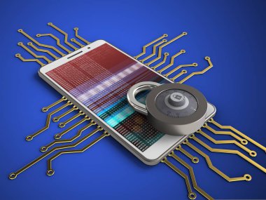 elektronik devre ve kod kilit ile mavi arka plan üzerinde beyaz telefon 3D çizimi