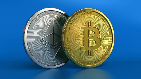 青い背景上 Bitcoin Ethereum のコインの イラストレーション — ストック写真