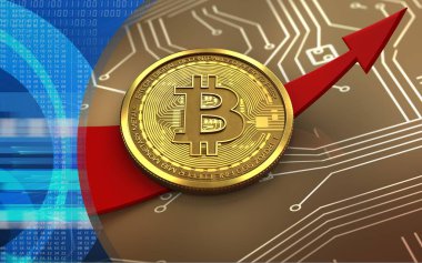 bitcoin devre yukarı ok ile arka plan üzerinde 3D çizimi