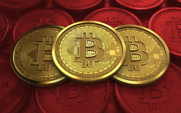 Ілюстрація Bitcoin Над Червоний Монети Фону Стека — стокове фото