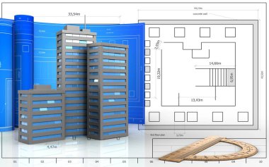 3D çizim çizim ile şehir binaların plan arka plan üzerinde rulo