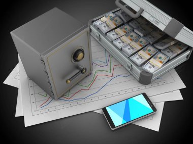 Diyagram kağıtları ve güvenli durumda siyah arka plan üzerinde 3D çizimi