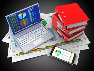 3d illustration of business documents and pc over black background with binder folders clipart