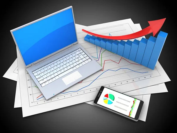 Afbeelding Van Diagram Papers Computer Zwarte Achtergrond Met Pijl Grafiek — Stockfoto