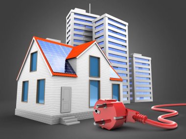 modern ev şehir ve güç kablosu ile gri arka plan üzerinde 3D çizimi