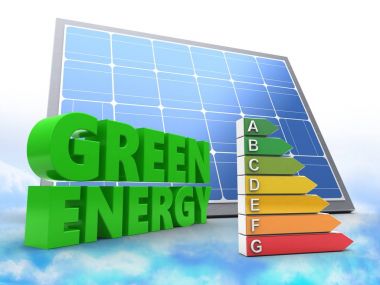 3D çizimi yeşil işareti üzerinde bulutlar arka plan güneş paneli ile ve verimli rütbe