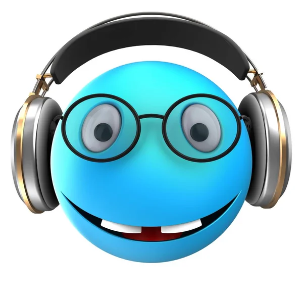 Illustration Des Blauen Emoticon Lächelns Mit Kopfhörern Auf Weißem Hintergrund — Stockfoto
