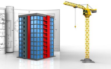 Beyaz arka plan üzerinde çizimler ile bina 3D çizimi