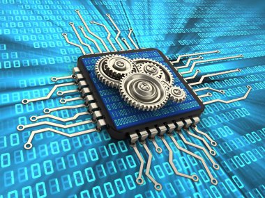 Dişliler ve içinde ikili kod ile dijital arka plan bilgisayar çipi 3D çizimi