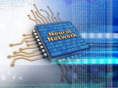 içinde neural ağ işareti ve ikili kod ile beyaz arka plan üzerinde elektronik mikroişlemci 3D çizimi