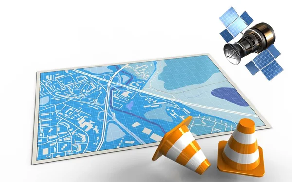 Illustrazione Della Mappa Blu Con Coni Riparazione Gps Satellitare — Foto Stock