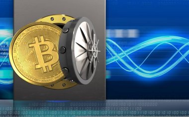 bitcoin dijital dalgalar arka plan üzerinde metal kutusuyla 3D çizimi