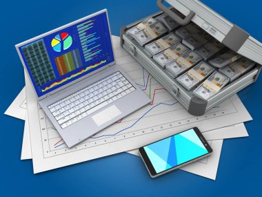 Diyagram kağıtları ve pc case ile mavi arka plan üzerinde 3D çizimi